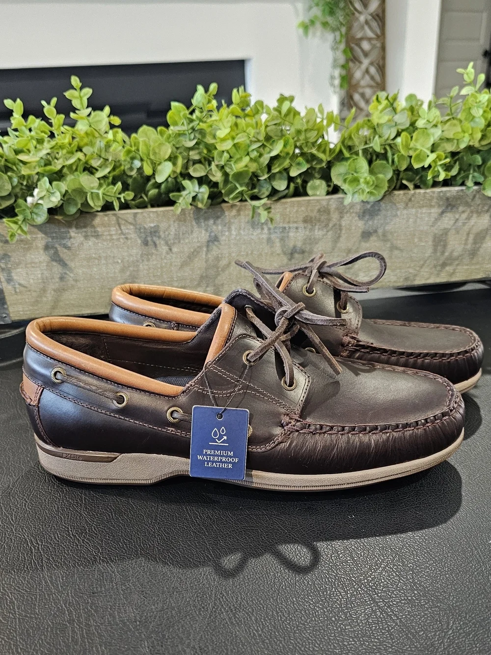 Men's Brown Leather Boat Shoes Tan Collar Waterproof Leather Mens Sz 8 8.5 10.5